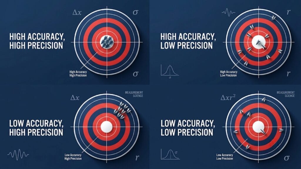 four cases accuracy vs precision in physics