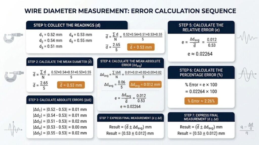 wire diameter mesurement absolute error relative error percentage error