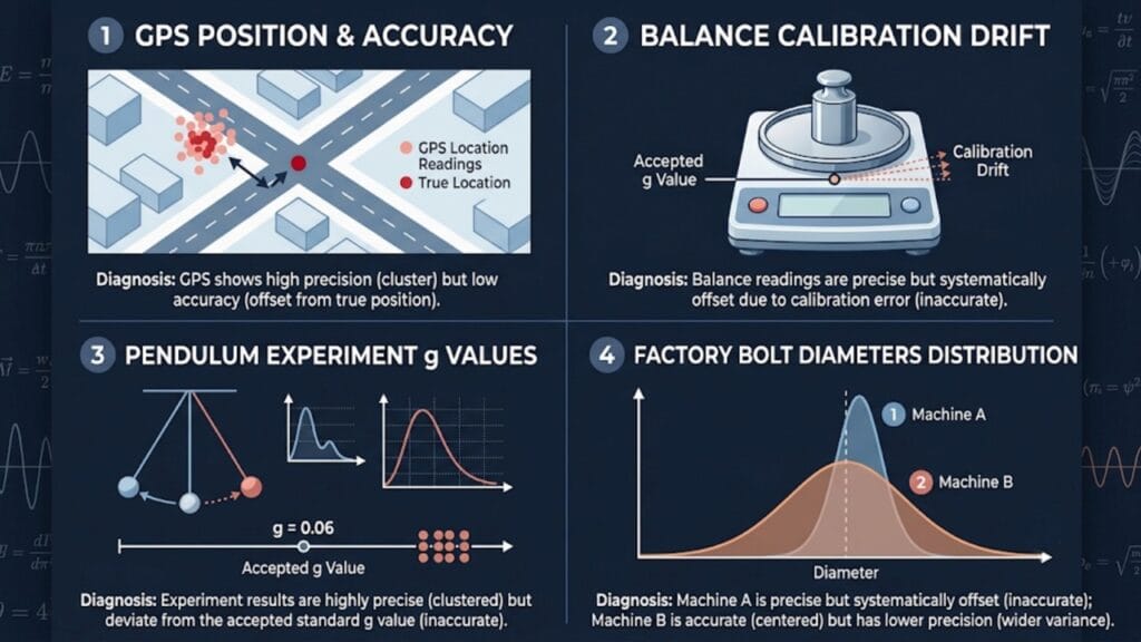 grid showing real world accuracy accuracy vs precision in physics